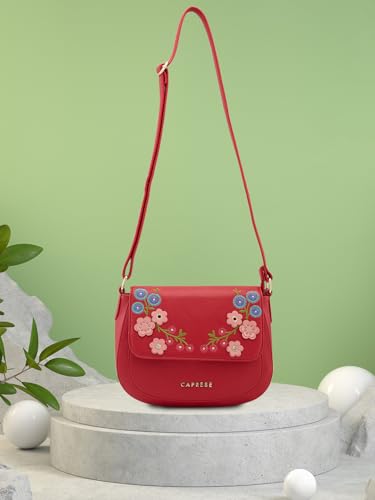 Caprese Erica Sling Bag, Maroon-Medium | Sleek Embrioidered Handbag for Women | Adjustable Strap & Spacious Interiors | Perfect Ladies Purse for Carrying Everyday Essentials & Travel