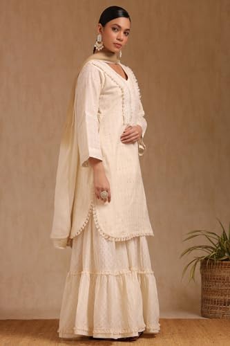 Soch Womens Off White Cotton Embroidered Suit Set With Faux Mirror And Sequins