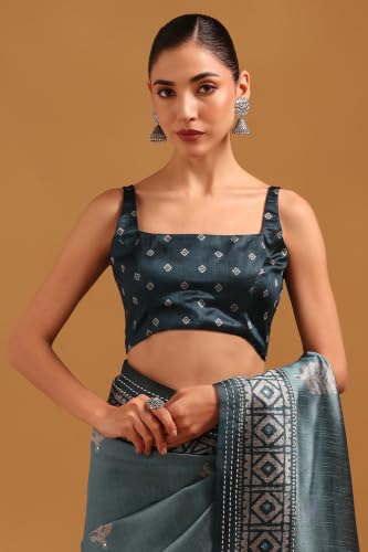 Soch Womens Turquoise Blue Tussar Batik Printed Saree With Mirror Work