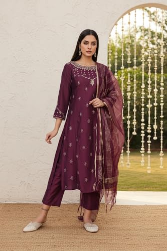 W for Woman Purple Embroidered Zari Sequined Straight Silk Blend Kurta with Straight Pant and Dupatta Set (WS13398-126131-S)