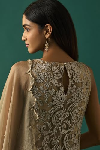 Wishful Women's Beige Embroidered Anarkali Dress with Churidar and Dupatta Set - (SP11508-401099-XL)