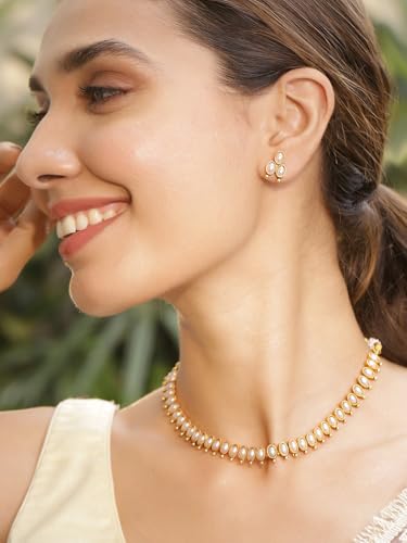 Rubans 22K Gold-Plated Handcrafted Artificial Jewelry Oval Choker Set with Pearl Studded And Matching Earrings For Women and Girls – Perfect for Weddings and Special Occasions