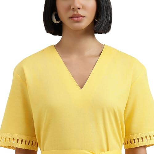 United Colors of Benetton Regular Fit V-Neck Self Design Dress (Size : S) - 26P4WVNDR307I3N8 Yellow