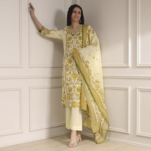 Biba Women's Cotton Kurta Set (SKDBAGE30591AW25CRM_Cream