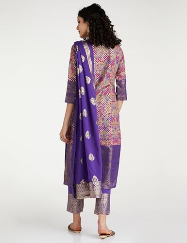 BIBA Women Cotton Blend Printed Straight Salwar Kurta Dupatta(Skdassorted7566E_Purple_36)