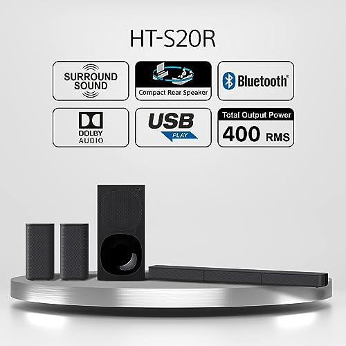 Sony HT-S20R Real 5.1ch Dolby Digital Soundbar for TV with subwoofer and Compact Rear Speakers, 5.1ch Home Theatre System (400W,Bluetooth & USB Connectivity, HDMI & Optical connectivity)
