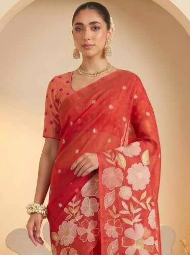 Label Aarna Women's Red Cotton Saree with Unstitched Blouse Piece | Woven | Floral Design | Cultural Wear