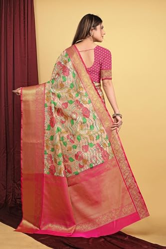 SGF11 Women's Kalamkari Kanjivaram Pure Soft Silk Handloom Saree Pure Golden Zari With Blouse Piece (Peach 06)