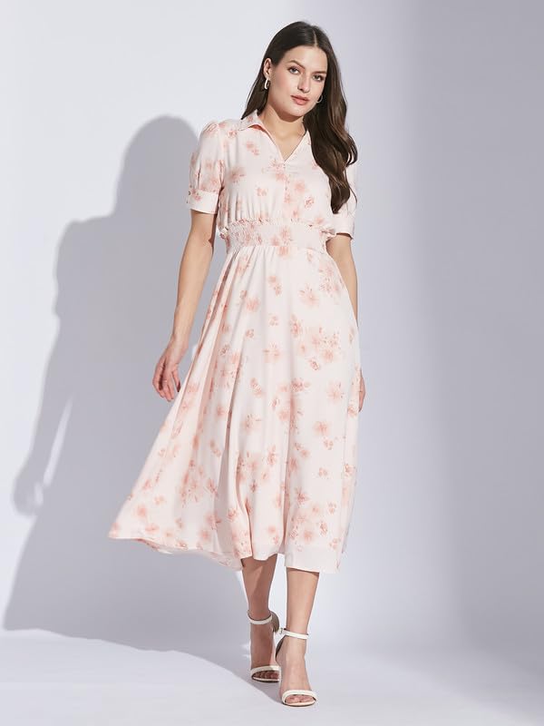 Latin Quarters Women Pink Shirt Collar Half Sleeve Floral Dress_L