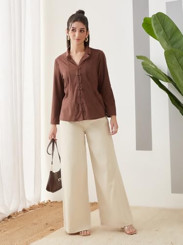 Latin Quarters Women Brown Solid Full Sleeves Casual Shirt_M