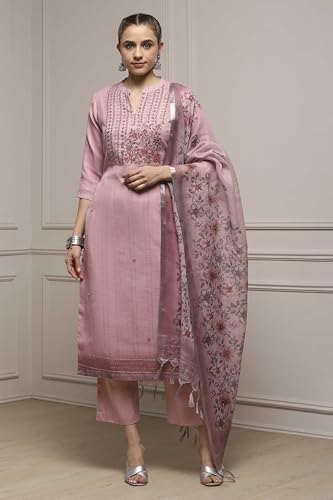 Biba Women Pink Linen Blend Hand Embroidered Unstitched Suit Set_FREE SIZE