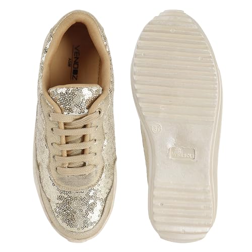 Vendoz Women Casual High Heel Sneakers I Cushioned Insole I All Day Comfortable I Lightweight and Stylish Shoes for Girls CNV4026GL-36 Gold