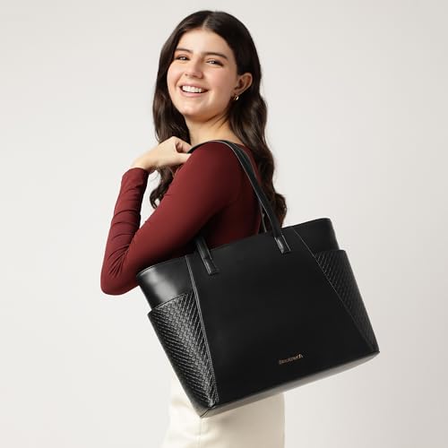 Fastrack Gridlock Tote | Woven Faux-Leather Women's Handbag | Laptop Tote with Textured Side Pockets & Gold Hardware