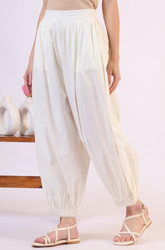 W for Woman Solid Pure Cotton Gathered Salwar (Size: XL)-W63150-218090 Ecru
