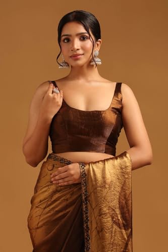 Soch Womens Brown Organza Botanical Saree With Stone Work