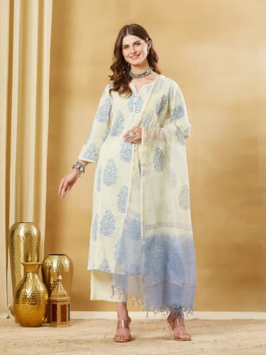 Divena Blue Floral Cotton Round Neck Kurta Sets with Dupatta