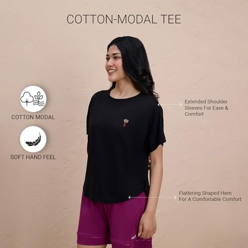 NYKD Buttery Soft Modal Cotton Graphic Tee for Women with Extended Sleeves – Comfortable Relaxed Fit, Stylish Design, Model NYS945 Black
