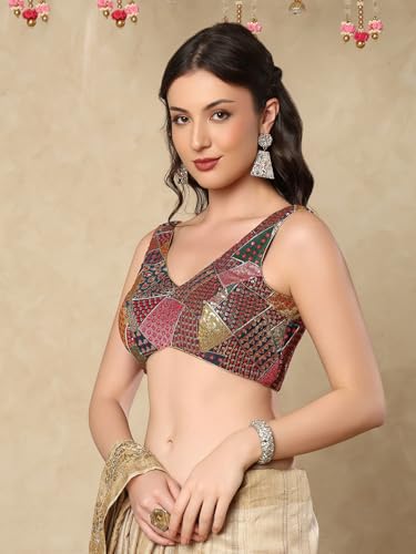 S SALWAR STUDIO Blue Embroidered V Neck Sleeveless Readymade Saree Blouse