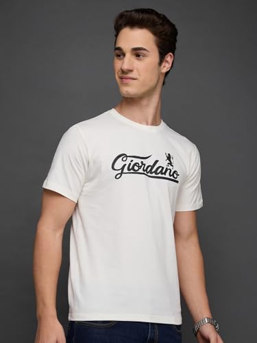Giordano White Cotton Brand Logo Printed Slim Fit Short Sleeves T-Shirt