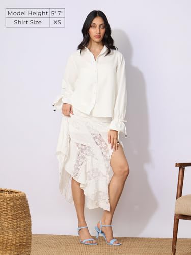 The Souled Store Cotton Linen: Ivory Women and Girls Long Sleeves Collared Neck Button Front Solid Regular Fit Cotton Linen Shirts