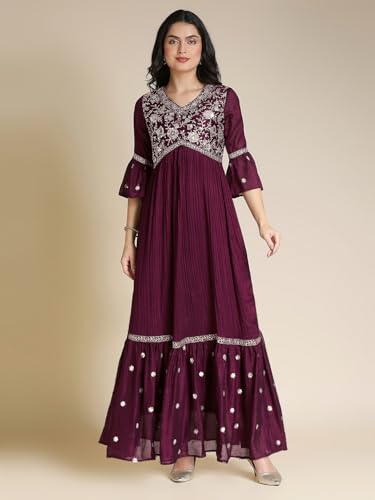 Madhuram Women's Vichitra Silk Crus Traditional Ethnic Long Gown with Sequence Embroidery Work Long Kurta(M-2445) (in, Alpha, XL, Regular, Maroon)