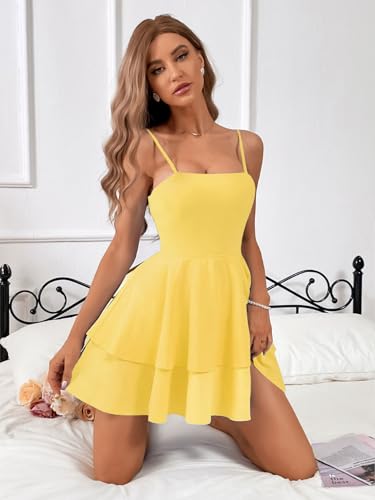 Marivoné® Women Backless Bow-Tie Mini Dress | Sleeveless Spaghetti Strap Solid Color Slim-Fit Summer Dress Yellow