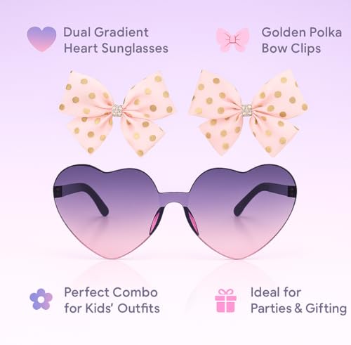 Tresneria Cute Kids Sunglasses Combo | Heart Shaped Purple Pink Goggles with Golden Polka Bow Hair Clips for Girls