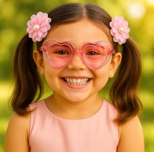 Tresneria Kids Sunglasses and Hair Accessory Combo set of 2 – Heart Design Pink Gradient Glasses with Matching Flower Clips