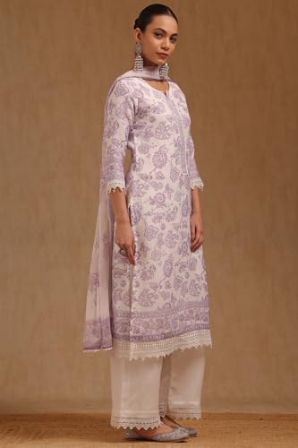 Soch Womens Off White Linen Floral Print Salwar Suit With Beads