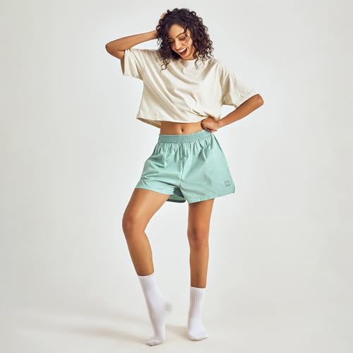 Pepe Jeans Women's Solid & Printed Cotton Relaxed Fit Co-ord Set | Crop T-Shirt with Printed Boxer Shorts for Lounge & Casual Wear | Soft Breathable Fabric | Elastic Waistband | Cosy Comfort Wear