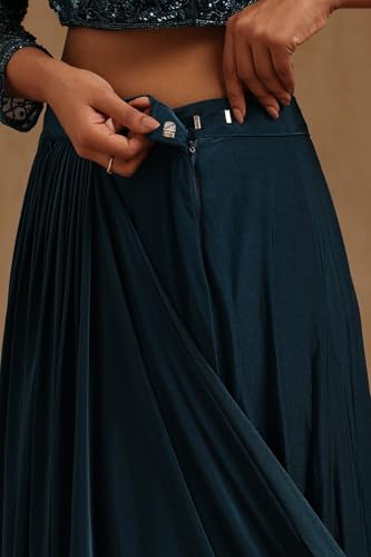 Soch Womens Blue Spandex Solid Ready To Wear Saree