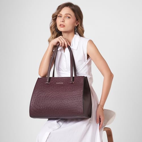 Caprese Britney Large 15.6 Laptop Compatible Tote Bag for Women | Animal Texture Faux Leather Shoulder Handbag | Spacious Office & Travel Bag | Dual Zipper & Magnetic Button Closure (Cherry Lacquer)
