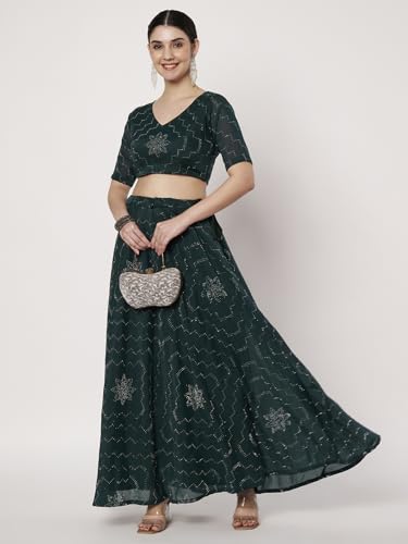 studio rasa Women's Silk Blend Embellished Bias Skirt for Wedding Festive Party (SKTC72517L_Green_Large)