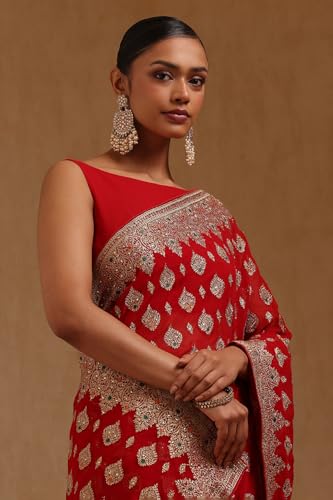 Soch Womens Red Georgette Embroidered Saree With Stone Work