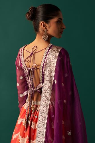 Wishful Women's Purple Zari Embroidered Jacquard Blouse with Flared Skirt and Dupatta Set (SP12839-314426-XL)