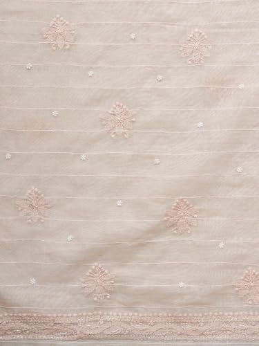 Ada Hand Embroidered Lucknowi Chikankari Unstitched Chanderi Dress Material Suit Piece with Dupatta for Women with Pearl Work 01A938020 Peach