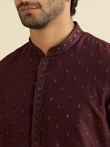 Manyavar Men's Viscose Blend Embellished Classic Kurta Pyjama Set (Wine,XXXL)