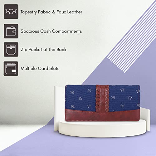 The Clownfish Serina Collection Tapestry Fabric & Faux Leather Snap Flap Style Womens Wallet Clutch Ladies Purse with Card Holders (Blue-Spade Design)