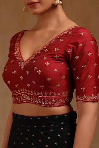 Soch Womens Maroon Tussar Embroidered Padded Blouse with Sequins