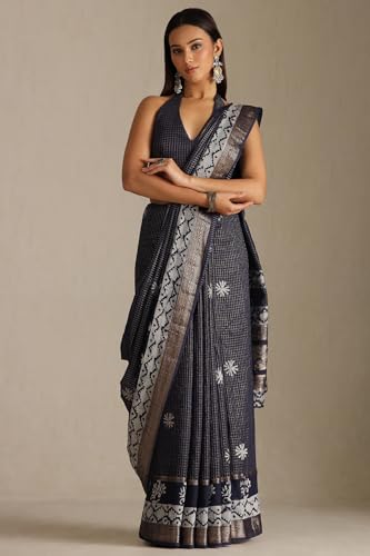 Soch Womens Navy Blue Art Silk Batik Print Saree With Zari