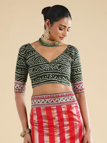 AKHILAM Women's Red Organza Striped Embellished Saree With Unstitched Blouse Piece (ANIKA3303_AG)