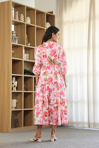 LERIYA FASHION Women's Floral Printed Western Midi Dress | Fit & Flare A-Line Casual Summer Dress with V-Neck & 3/4 Sleeves | Stylish Long Frock for Daily, Party & Office Look Light Pink