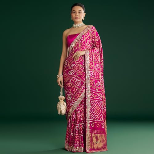 KALKI Fashion Pink Bandhani Saree With Gota Work Satin sarees for women