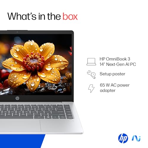 HP OmniBook 3 AMD Ryzen AI 5 340 Next Gen AI Laptop, (16GB LPDDR5X,512GB SSD), Anti-Glare,14''/35.6cm FHD,Win11,Office24, Silver,1.47kg, FHD Camera w/Privacy Shutter, Backlit, ha0000AU