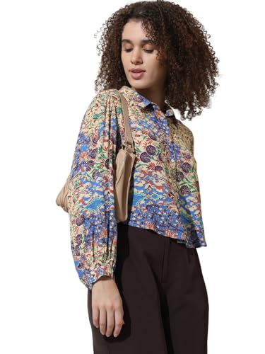 ONLY Women Printed Viscose Crop Length Blue Shirt