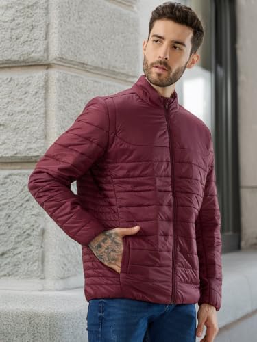 Status Quo Men’s Solid Lightweight Quilted Stand Collar Regular Fit Jacket | 100% Nylon | WINE | L Size