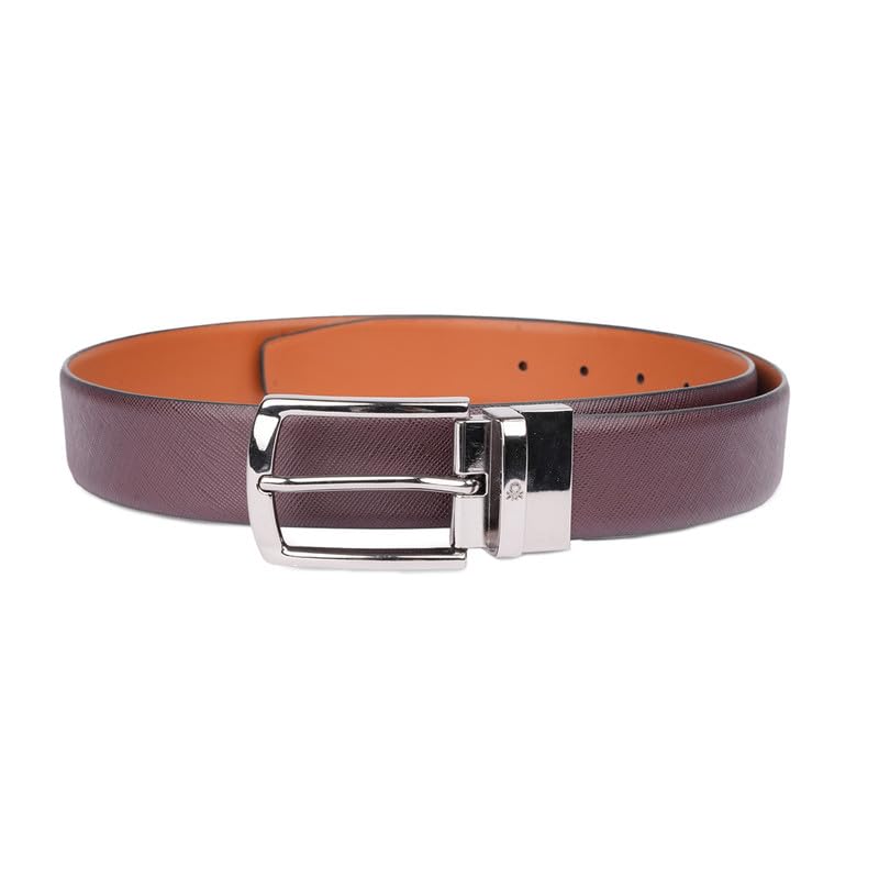 UNITED COLORS OF BENETTON Altdorf Leather Men Reversible Belt - Wine+Tan, L 1M | Waist Range: 37-41 | Saffiano Textured Reversible Belt With Pin Closure