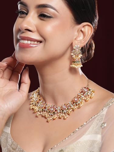 Rubans Womens 22K Gold-Plated Ruby Pink, Emerald Green & White Kundan Studded Pearl Beaded Necklace Set