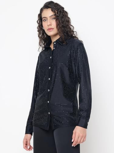 GUESS Eliana Shiny Crystal Slinky Jet Black Embellished Spread Collar Regular Fit Shirt
