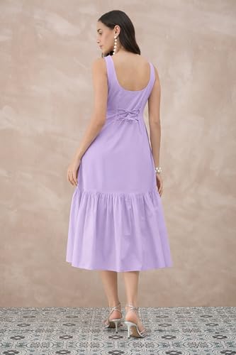 GulaboSitabo Women’s Pure Cotton Corset Dress | Sleeveless, Scoop Neck, Fitted Waist, Gathered Hem, Calf Length | Stylish Trendy Summer Western Dress for Women | Party Holiday Lavender